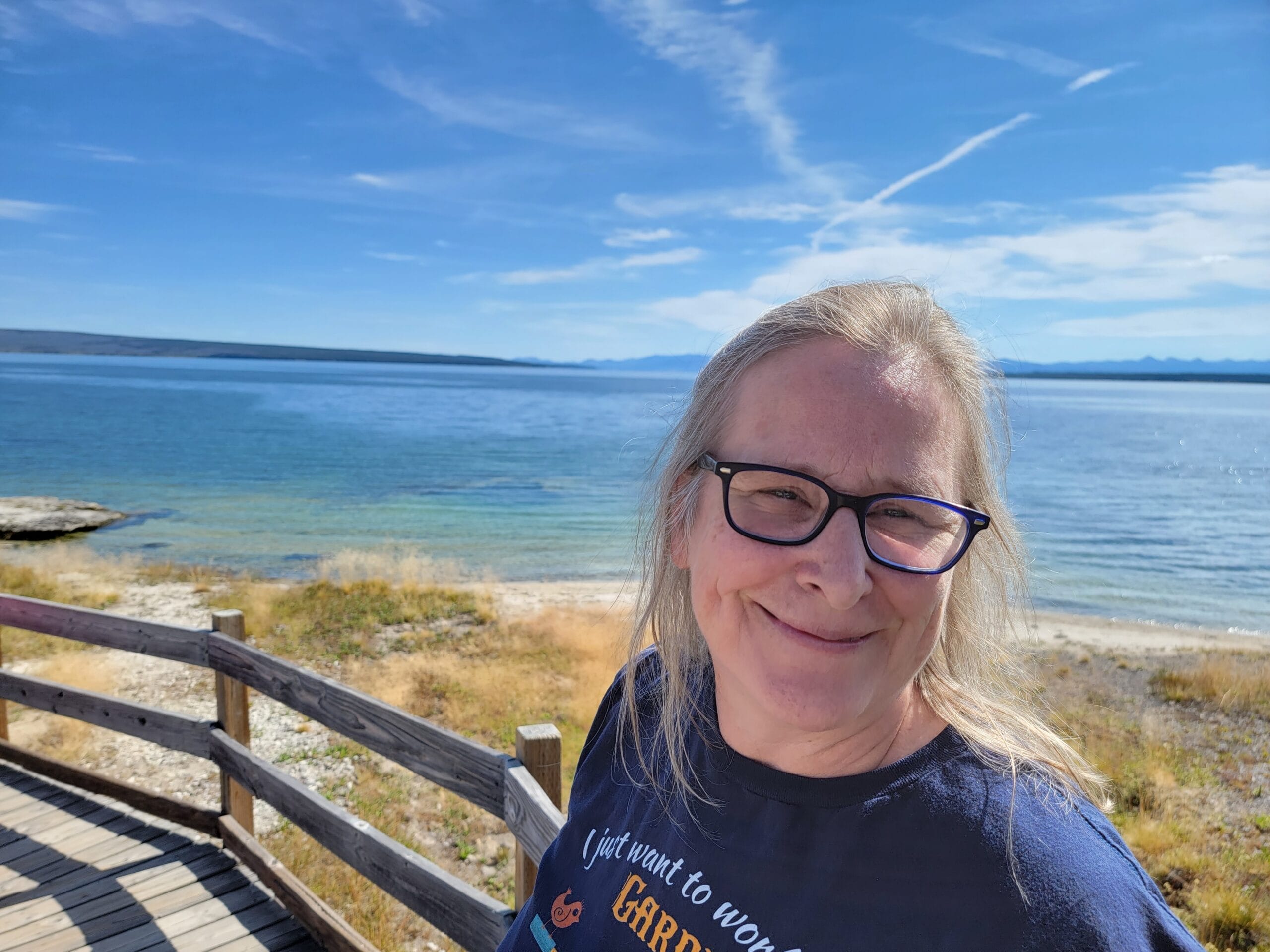 2023 Photo: Lake Yellowstone from the boardwalk at West Thumb Geyser Basin.