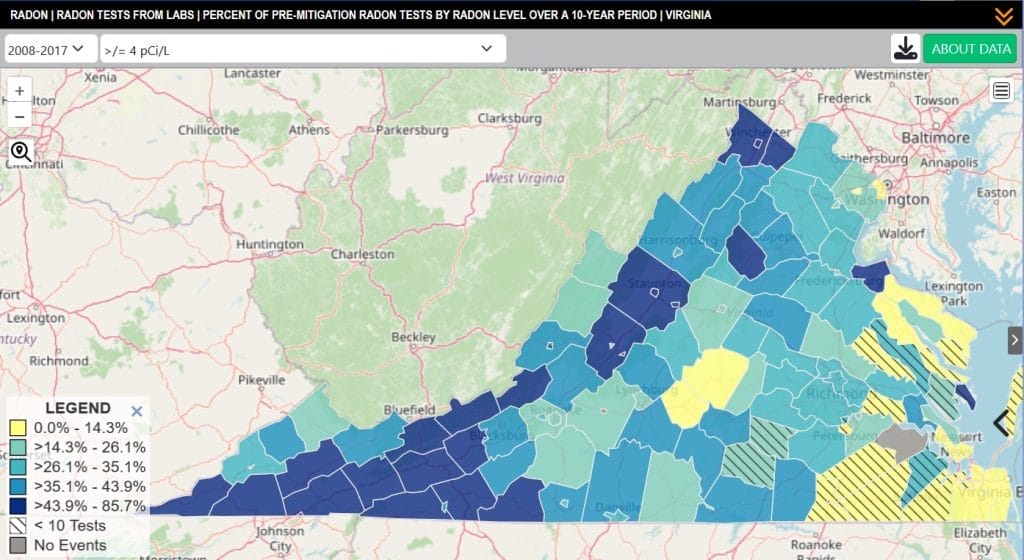 Map of radon risks in Virginia